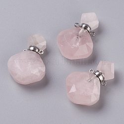 Pendentifs de flacon de parfum en quartz rose naturel losange, avec accessoires en 304 acier inoxydable, facette, couleur inoxydable, 26~27x17~17.5x8~8.5mm, Trou: 1.4mm, capacité: environ 2 ml (0.06 oz liq.)