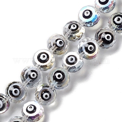 Fili di perle di vetro trasparenti malocchio, con smalto, sfaccettato, rotondo e piatto, nero, 10x8~8.5mm, Foro: 1.4 mm, circa 40pcs/filo, 14.57'' (37 cm)
