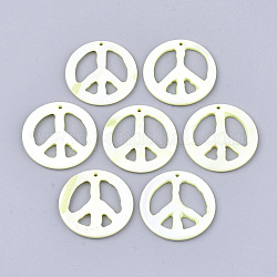 Freshwater Shell Pendants, Dyed, Flat Round with Peace Sign, Honeydew, 44~44.5x3~4mm, Hole: 1.4mm