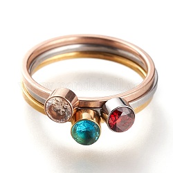304 anelli in acciaio inox, anelli impilabili, con strass, rotondo e piatto, oro roso, colore misto, misura degli stati uniti 7~7 3/4 (17.3~17.9mm), 3 pc / set