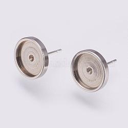 201 Stainless Steel Stud Earring Settings, with 304 Stainless Steel Pins, Flat Round, Stainless Steel Color, Tray: 10mm, 12x2mm, Pin: 0.8mm