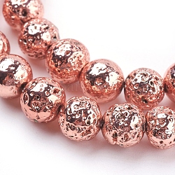 Electroplated Natural Lava Rock Bead Strands, Round, Bumpy, Rose Gold Plated, 8~8.5mm, Hole: 1mm, about 47pcs/strand, 15.35 inch(39cm)