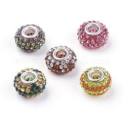 Resin Rhinestone European Beads, Grade A, with Brass Double Cores, Silver Color Plated, Rondelle, Mixed Color, 15x9mm, Hole: 5mm