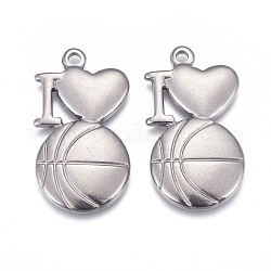 304 Stainless Steel Pendants, Laser Cut, I Love with Basketball, Stainless Steel Color, 28.5x16x2.5mm, Hole: 2mm