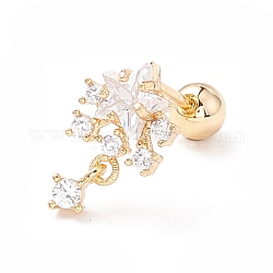 Snowflake Clear Cubic Zirconia Stud Earrings for Women, Brass Drop Earrings with Screw Back Ball Tragus, Golden, 13x7.5x4.7mm, Pin: 0.7mm