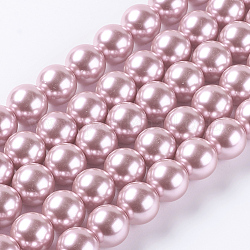 Hebras redondas de perlas de vidrio teñido ecológico, Grado A, cordón de algodón rosca, rosa perla, 14mm, agujero: 0.7~1.1 mm, aproximamente 30 pcs / cadena, 15 pulgada