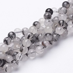 Natural Black Rutilated Quartz Beads Strands, Round, 6mm, Hole: 1mm, 31pcs/strand, 8 inch