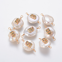 Connettori di collegamenti di perle naturali, ottone con micro spianare risultati zirconi, piatta e rotonda con la lettera, colorato, oro, letter.b, 20~23x12~14x6~8mm, Foro: 1.5 mm