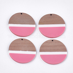 Colgantes de resina y madera de nogal, plano y redondo, color de rosa caliente, 38~38.5x3mm, agujero: 2 mm
