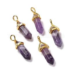 Natural Amethyst Pendants, Faceted, with Golden Tone Brass Findings, Lead free & Cadmium Free, Bullet, 27~30x9~10x7~8mm, Hole: 4x3mm