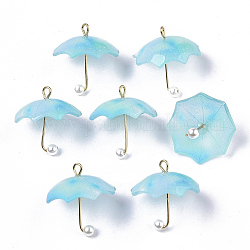 Acryl-Anhänger, mit goldbeschichteten Messingschlaufen und abs Kunststoffperlenimitat, Regenschirm, Himmelblau, 20~21x20x20 mm, Bohrung: 1.6 mm