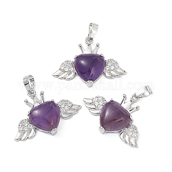 Natural Amethyst Pendants, Heart Charms with Wings & Crown, with Platinum Tone Brass Crystal Rhinestone Findings, 26x35.5x8mm, Hole: 8x5mm