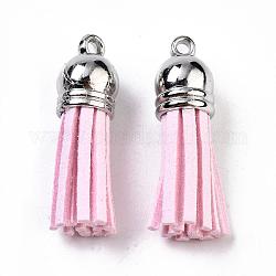 Décorations de pendentif pompon en daim, avec embouts de cordon en plastique ccb, platine, rose, 35~37x10mm, Trou: 1.8mm