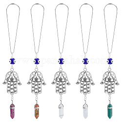 SUPERFINDINGS 1 Set Hamsa Hand & Evil Eye Hanging Ornament with Bullet Gemstone Charm, for Protection Home & Car Rear View Mirror Hanging Accessories, 220mm, 5pcs/set