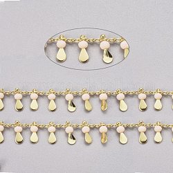 3.28 Feet Handmade Glass Beaded Chains, with Real 18K Gold Plated Brass Side Twisted Chains Curb Chains, Long-Lasting Plated, Soldered, PeachPuff, 2.5x2x1mm, teardrop,: 10x3x3mm