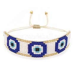Triple Böse Augen Glassamen geflochtenes Armband, verstellbares breites Armband für Frauen, königsblau, 11 Zoll (28 cm)