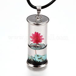 Glass Wishing Bottle Leather Cord Pendant Necklaces, with Dried Flower & Natural Gemstone Chip Beads Inside, Platinum, Red, 17-3/8 inch(44.05cm)