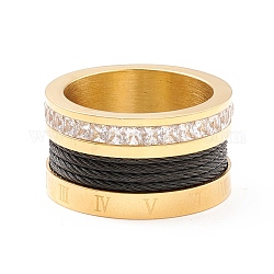 Anillo de dedo de banda ancha de circonita cúbica transparente con números romanos, 304 anillo envuelto en forma de cable de acero inoxidable para hombres y mujeres, dorado, diámetro interior: 16.5~18.9 mm