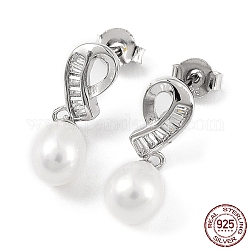 Orecchini pendenti con fiocco di zirconi e perle naturali, 925 orecchini in argento sterling rodiato da donna, platino, 21.5x6.5mm