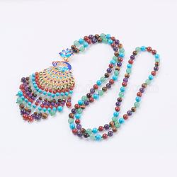 Gemstone Tassel Pendant Necklaces, with Alloy Enamel Findings, 31.4 inch(80cm)