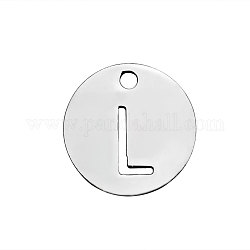 201 Stainless Steel Charms, Flat Round with Letter, Stainless Steel Color, Letter.L, 12x1mm, Hole: 1.5mm