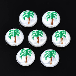 Perles d'imitation en plastique ABS imprimées 3d, rond et plat avec des arbres de noix de coco, verte, 12x5mm, Trou: 1.5mm
