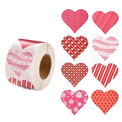 Autocollants étiquette cadeau papier thème saint valentin, 8 style d'étiquettes adhésives en forme de coeur en rouleau d'autocollants, pour la fête, cadeaux décoratifs, colorées, 4.1 cm, à propos 500pcs / roll