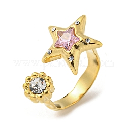 Pink Cubic Zirconia Star Open Cuff Ring, 304 Stainless Steel Finger Ring, Golden, US Size 5(15.7mm)