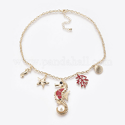 Ocean Theme Alloy Enamel Pendant Necklaces, with Acrylic Pearl and Rhinestone, Iron Cable Chain, Golden, 18.3 inch(46.5cm)