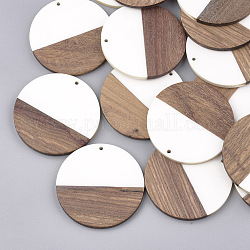 Resin & Walnut Wood Pendants, Flat Round, White, 49x3.5mm, Hole: 1.5mm