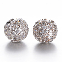 Brass Micro Pave Grade AAA Cubic Zirconia Beads, Cadmium Free & Nickel Free & Lead Free, Round, Clear, Platinum, 8mm, Hole: 1.7mm