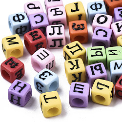Непрозрачные акриловые бусины, с эмалью, куб со смешанным русским алфавитом, разноцветные, 6x6x6 мм, отверстие : 3 мм, Около 2900 шт / 500 г