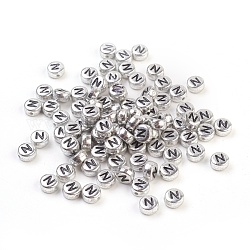 Perles de lettre à trou horizontal acrylique plaqué couleur argent, plat rond, letter.n, 7x3.5mm, Trou: 1mm, environ 3600 pcs/500 g