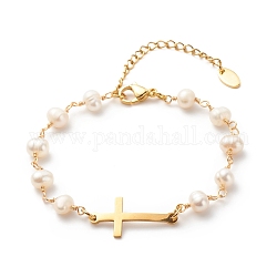 201 bracelet à maillons croisés en acier inoxydable avec des chaînes de perles de perles naturelles pour femme, or, 7-1/8 pouce (18 cm)