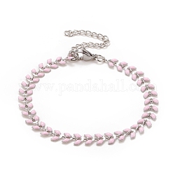 Bracelet chaînes à maillons de blé en émail, 304 bijoux en acier inoxydable pour femme, couleur inoxydable, rose, 6-7/8 pouce (17.5 cm)