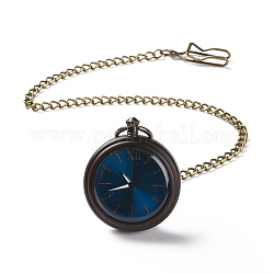 真鍮製のカーブチェーンとクリップが付いた黒檀の懐中時計  男性用フラットラウンド電子時計  ブラック  16-3/8~17-1/8インチ（41.7~43.5cm）