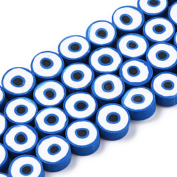 Chapelets de perle en pâte polymère manuel, rond et plat avec des mauvais œil, bleu royal, 8~11x4mm, Trou: 1.2mm, Environ 40 pcs/chapelet, 13.98 pouce ~ 15.35 pouces (35.5cm ~ 39cm)