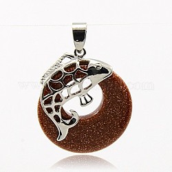 Synthetic Goldstone Pendants, with Brass Findings, Flat Round with Fish, Platinum Metal Color, 33.5x28x5mm, Hole: 4.5x7mm
