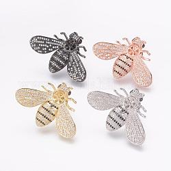 Laiton micro pave zircone cubique revers épingles, épingle à cravate, accessoires de la broche, pour la moitié de perles percées, abeille, couleur mixte, 29~30x42~43x5~6 mm, plateau: 6 mm, broches: 1 mm