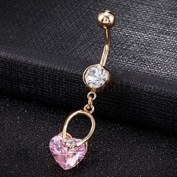 Piercing Jewelry, Brass Cubic Zirconia Navel Ring, Belly Rings, with 304 Stainless Steel Bar, Cadmium Free & Lead Free, Real 18K Gold Plated, Heart, Pink, 47x10mm, Bar Length: 3/8