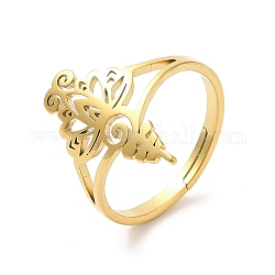 Ion Plating(IP) 304 Stainless Steel Finger Rings, Hollow Flower Adjustable Ring for Women, Real 18K Gold Plated, Inner Diameter: 16.5mm