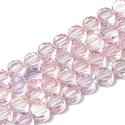 Galvanisieren transparente Glasperlen Stränge, ab Farbe plattiert, facettiert, Flachrund, rosa, 6x6x3 mm, Bohrung: 1.2 mm, ca. 95~99 Stk. / Strang, 21.10~21.89 Zoll (53.6 cm ~ 55.6 cm)