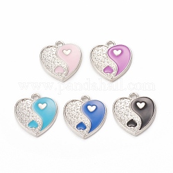 Pendentifs d'émail en alliage, coeur avec charme yin yang, platine, couleur mixte, 17x15x1.6mm, Trou: 1.8mm