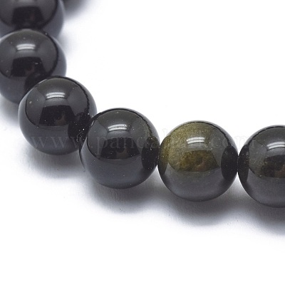 Pulseras elásticas de cuentas de obsidiana con brillo dorado natural&nbsp;BJEW-K212-C-020-1