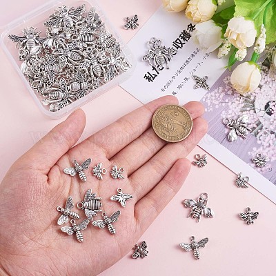 90 Pieces Bee Alloy Charm Pendant Mixed Honey Bee Charm Antique Alloy Insect Charm for Jewelry Making Crafts, Antique Silver