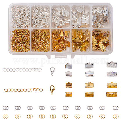 SUNNYCLUE 1 Box 440pcs Ribbon Ends Kit Bookmark Pinch Crimp Ends Jewellery Findings Supplies Includes Ribbon Ends Crimps Lobster Clasps Open Jump Rings and Chain Extenders DIY-SC0009-59-1