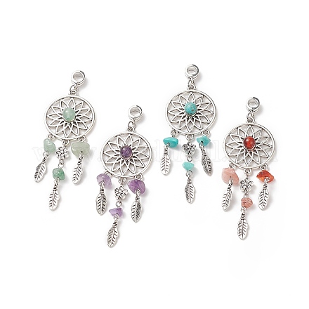 4Pcs 4 Styles Natural & Synthetic Mixed Stone Woven Net/Web with Feather European Dangle Charms PALLOY-TA00007-1