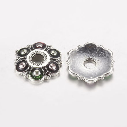 Antikes Silber überzogene Blumenlegierungsemaille Perlkappen ENAM-J556-02AS-1-1