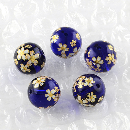 Rose Flower Pattern Printed Round Glass Beads GFB-R004-12mm-S06-1