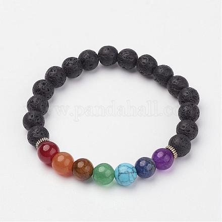 Bracelets extensibles avec perles de pierre de lave et pierres précieuses BJEW-P065-01-1